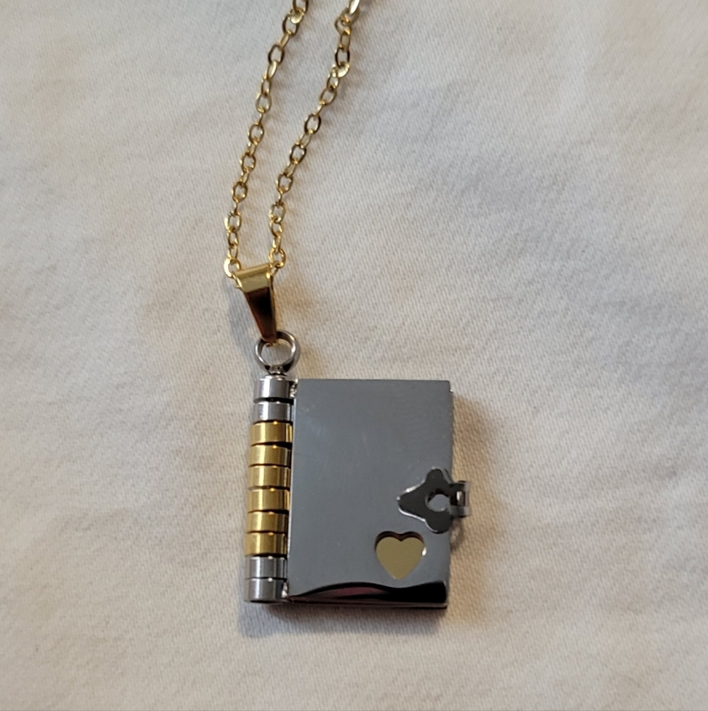 NWT For Valentines Day Gold and Silver Book Pendant Necklace